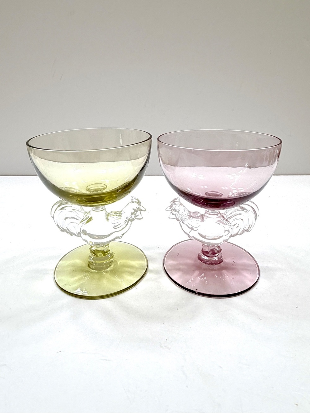 Pair Morgantown Animal & Figurines Liquor Cocktail Glass Rooster Green Purple